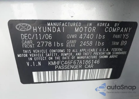 2007 Hyundai Azera Limited/Se z USA, uszkodzony, nr VIN KMHFC46F67A186146